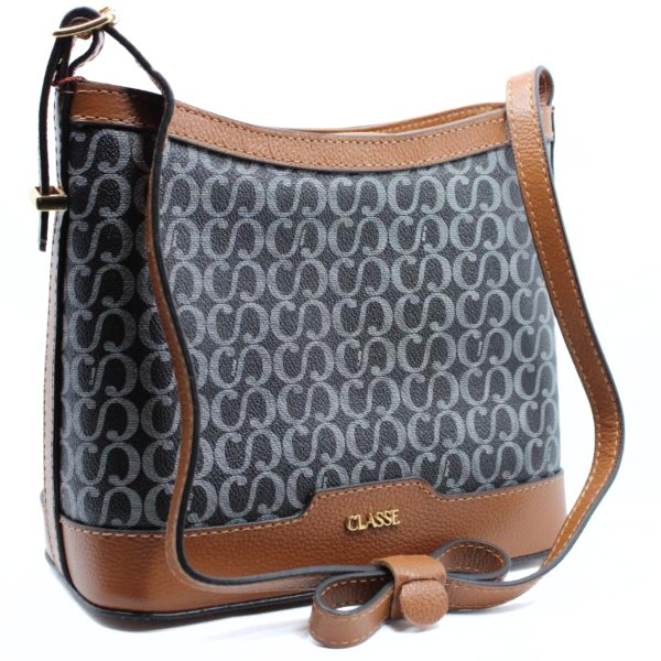 Bolsa Classe Couro Legítimo Casual Canvas Feminina - Marrom Escuro e Preto