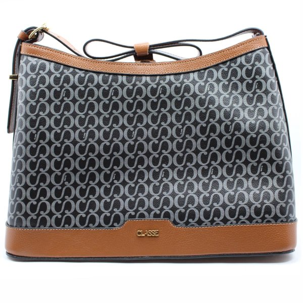 Bolsa Classe Couro Legítimo Casual Canvas Feminina - Marrom e Preto