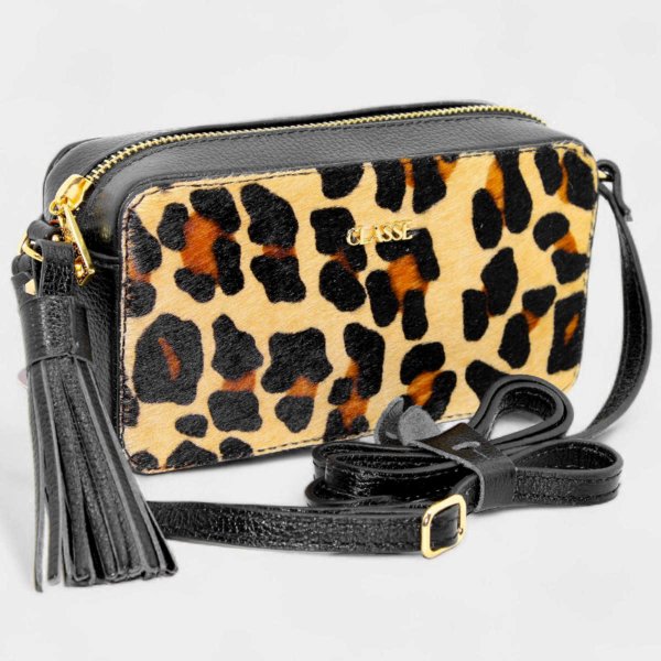 Bolsa Classe Couro Legítimo Malu Bag Charm Animal Print Feminina - Marrom e Preto