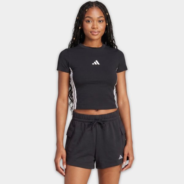 Camiseta Adidas 3 Barras Essentials Slim Feminina - Preto e Branco