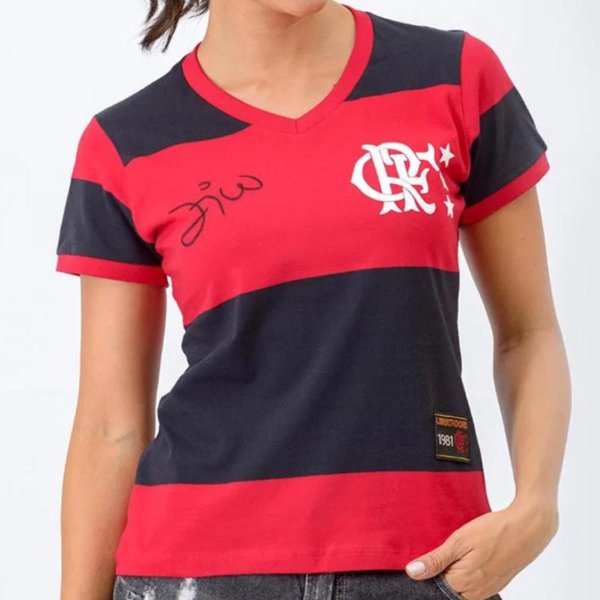 Camisa Flamengo Feminina Retrô Baby Look 1981 Zico Libertadores Feminina - Preto e Vermelho