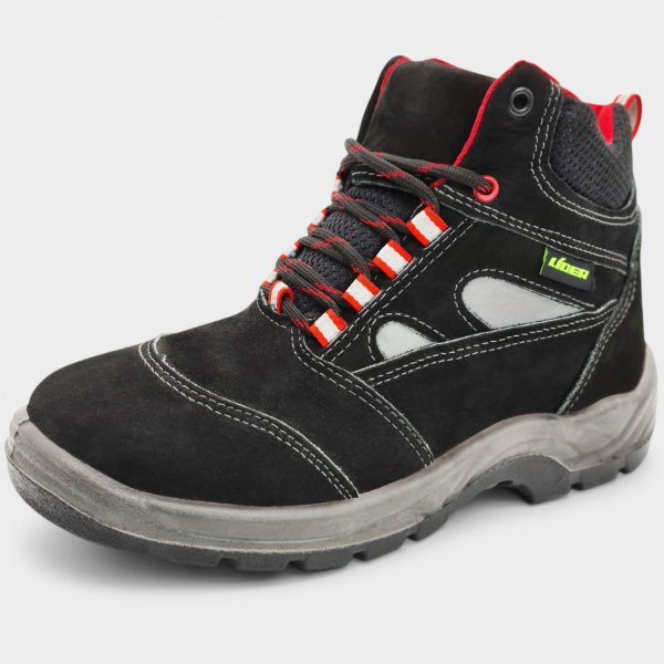 Botina De Segurança Biqueira de PVC Cartom CA15080 Passador Refletivo Couro Nobuck Casual - Preto e Vermelho