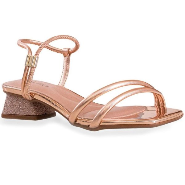 Sandália Beira Rio Glitter Salto Baixo Metalizada - Ouro Rosado