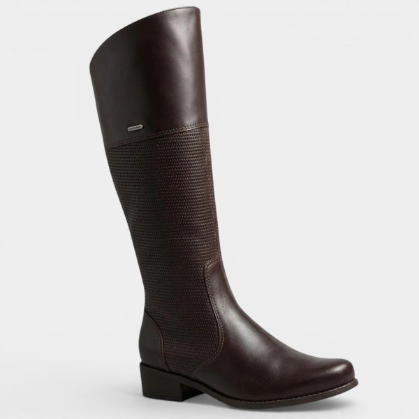 Bota Couro Bottero Texturizada Cano Alto Feminina - Marrom Escuro