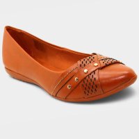 Sapatilha Couro Bottero Bico Fino Microperfuros Apliques Feminina - Caramelo