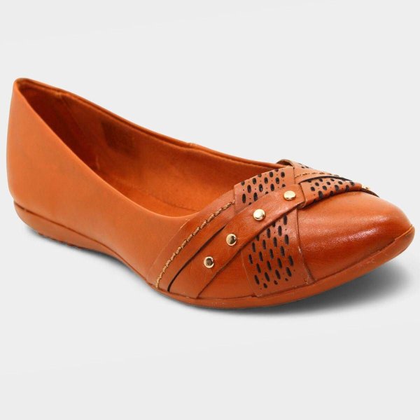 Sapatilha Couro Bottero Bico Fino Microperfuros Apliques Feminina - Caramelo