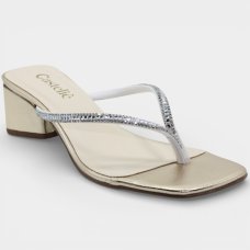 Tamanco Casteliê Prime Strass Salto Bloco Feminino - Dourado