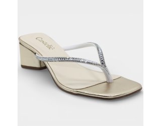 Tamanco Casteliê Prime Strass Salto Bloco Feminino - Dourado