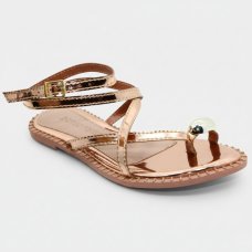 Rasteira Cia do Porto Amarração Metalizada Detalhes Feminina - Bronze