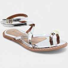 Rasteira Cia do Porto Amarração Metalizada Detalhes Feminina - Prata