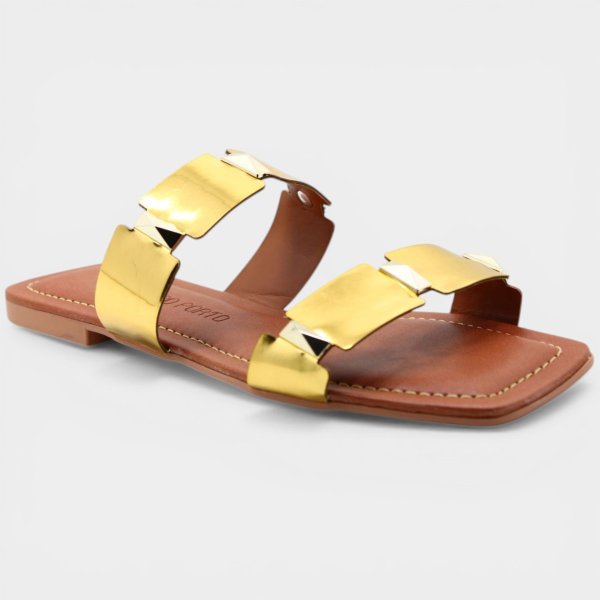 Rasteira Cia do Porto Spikes Metalizada Feminina - Dourado