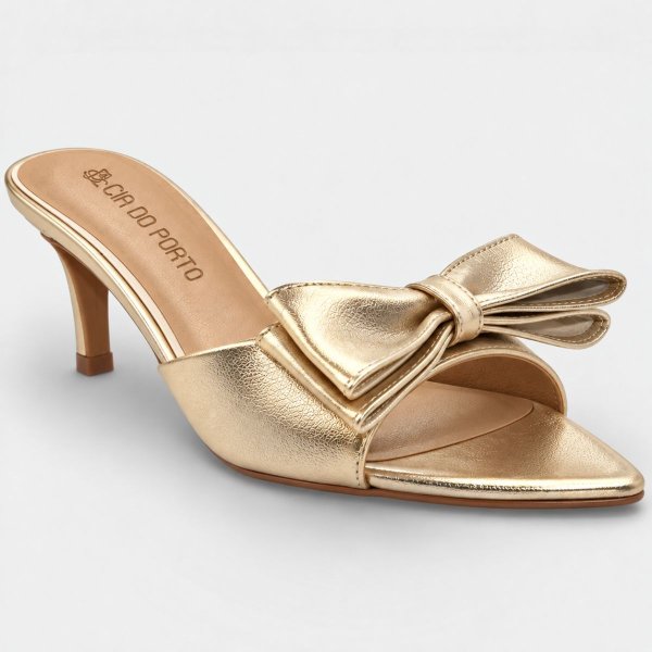Tamanco Cia do Porto Elegance Salto Fino Laço Feminino - Dourado