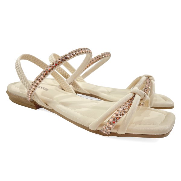 Rasteira Mississipi Tiras Strass Nó Feminina - Creme
