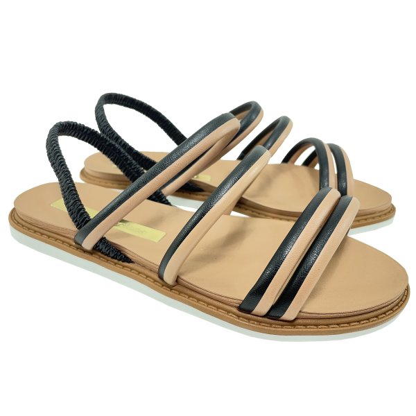 Rasteira Moleca Papete Multi Tiras Bicolor - Preto e Nude