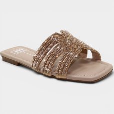 Rasteira Moleca Tiras Strass Ana Castela Feminina - Bege