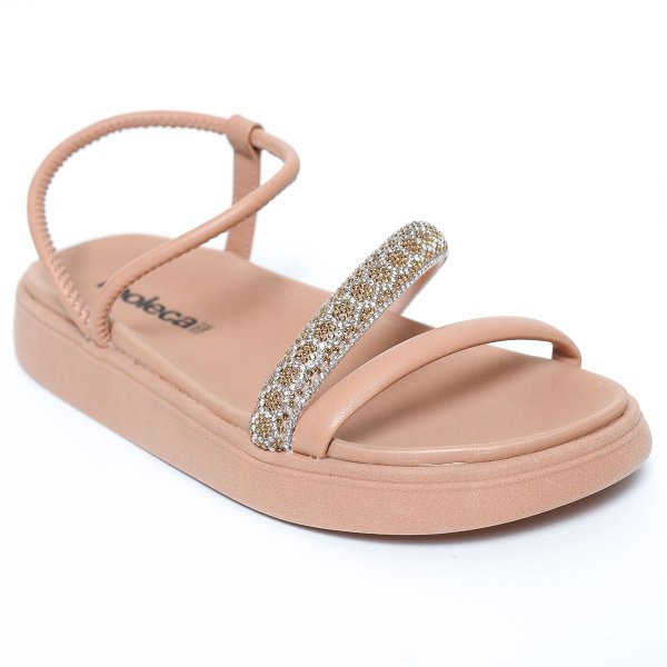 Rasteira Moleca Flatform Tiras Com Strass Feminina - Nude
