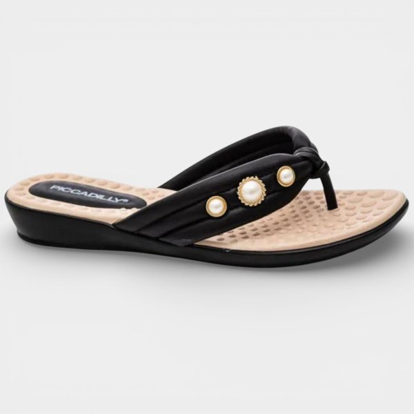 Chinelo Anabela Piccadilly Detalhes Perolados Feminino - Preto