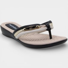 Chinelo Anabela Piccadilly Detalhe Dourado Feminino - Preto e Off White