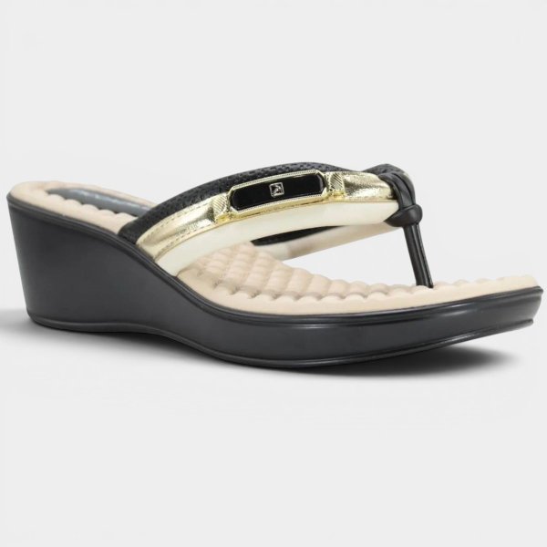 Chinelo Anabela Piccadilly Detalhe Conforto Napa Soft - Preto e Bege