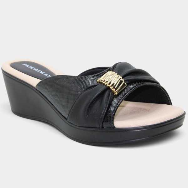 Tamanco Anabela Piccadilly Detalhe Conforto Napa - Preto e Bege
