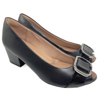 Peep Toe Couro Usaflex Salto Bloco Enfeite Metal - Preto