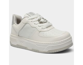 Tênis Via Marte Casual Detalhe Strass Feminino - Branco e Prata Tênis Via Marte Casual Detalhe Strass Feminino - Branco e Prata