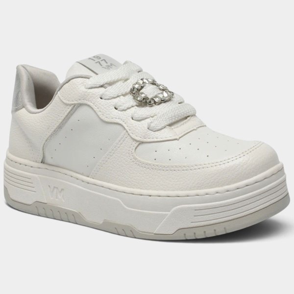 Tênis Via Marte Casual Detalhe Strass Feminino - Branco e Prata