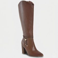 Bota Via Marte Couro Detalhe Amarração Cano Alto Feminina - Marrom
