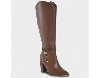 Bota Via Marte Couro Detalhe Amarração Cano Alto Feminina - Marrom