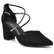 Scarpin Via Marte Salto Grosso Tiras Strass Nobuck Feminina - Preto