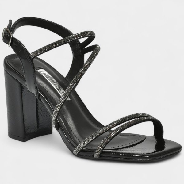 Sandália Via Marte Salto Grosso Strass Feminina - Preto
