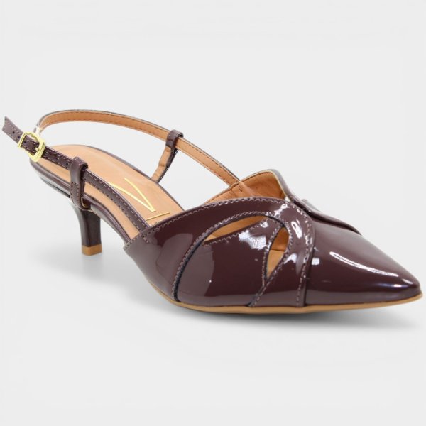 Scarpin Vizzano Slingback Bico Fino Verniz Salto Baixo - Marrom Escuro