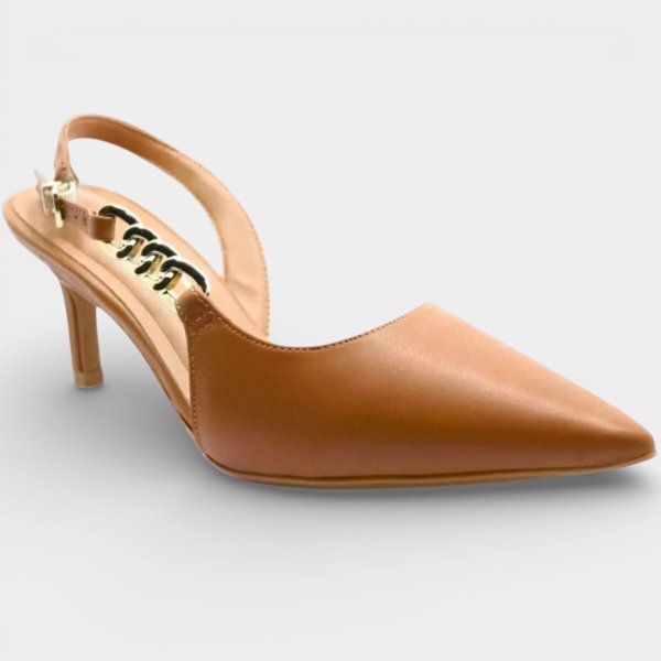 Scarpin Vizzano Slingback Detalhe Bico Fino Salto Baixo - Caramelo