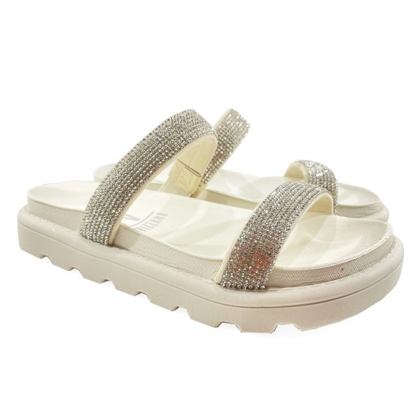 Rasteira Vizzano Flatform Strass Hotfix - Creme