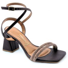 Sandália Vizzano Salto Bloco Strass Feminina - Marrom Escuro