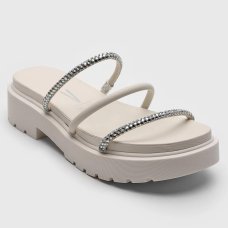 Tamanco Papete Vizzano Tiras Strass Flatform - Branco Off