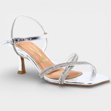 Sandália Vizzano Salto Baixo Strass Feminino - Prata
