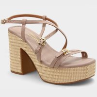 Sandália Anabela Vizzano Salto Grosso Tiras Cruzadas Fivelas Feminino - Bege