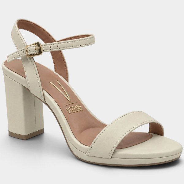 Sandália Meia Pata Vizzano Salto Grosso Reto Alto Feminina - Off White