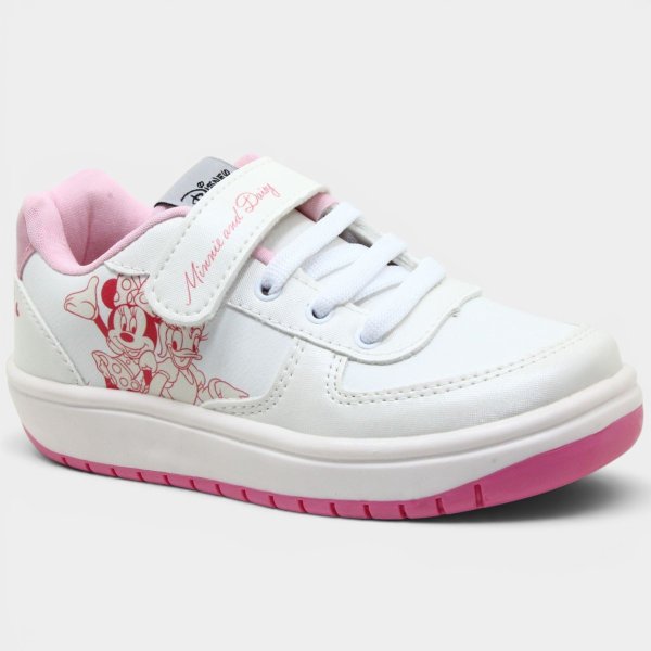 Tênis Infantil Disney Minnie Passos Mágicos Velcro Menina - Branco e Rosa
