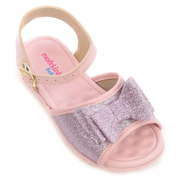 Sandália Infantil Molekinha Laço Gliter Mini - Prata e Rosa