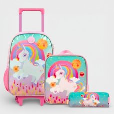 Kit Mochila de Rodinha Infantil Bagaggio Unicórnio Rainbow - Rosa