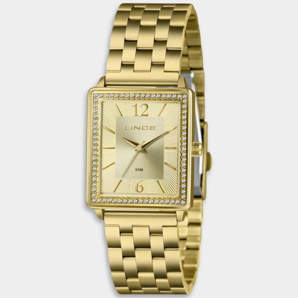 Relógio Lince Analógico Quadrado Pulseira Elos Cravejado Feminino - Dourado