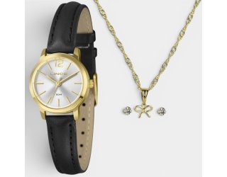 Kit Relógio Lince Analógico Folheado 18K + Colar e Brinco Feminino - Preto e Dourado