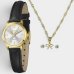 Kit Relógio Lince Analógico Folheado 18K + Colar e Brinco Feminino - Preto e Dourado