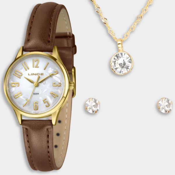 Kit Relógio Lince Analógico Folheado 18K + Colar e Brinco Feminino - Marrom e Dourado