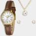 Kit Relógio Lince Analógico Folheado 18K + Colar e Brinco Feminino - Marrom e Dourado