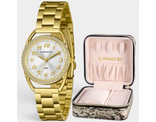 Relógio Lince Analógico Pulseira Elos Cravejado Feminino - Dourado e Branco