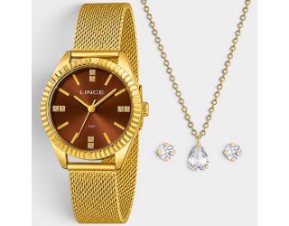 Kit Relógio Lince Analógico Pulseira Mesh Folheado 18K + Colar e Brinco Feminino - Dourado