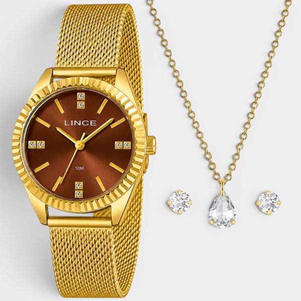 Kit Relógio Lince Analógico Pulseira Mesh Folheado 18K + Colar e Brinco Feminino - Dourado